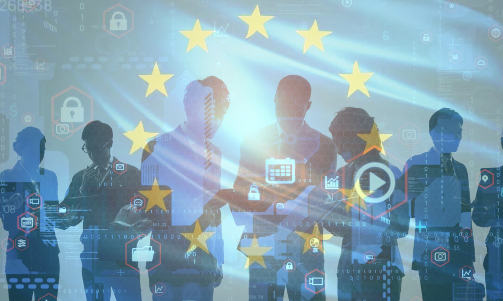 Silhouetten van zakelijke professionals voor een Europese vlag, met digitale beveiligings- en datasymbolen als verwijzing naar Europese cybersecurity en regelgeving.