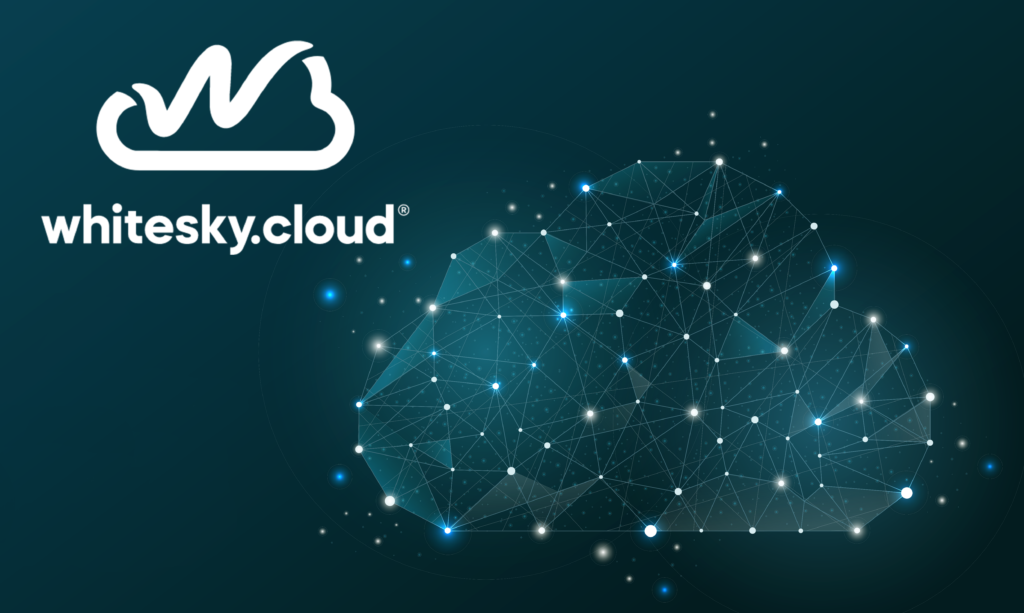 Whitesky.cloud-logo naast een gestileerde digitale cloud, opgebouwd uit verbonden lichtpunten en netwerklijnen op een tealkleurige achtergrond.