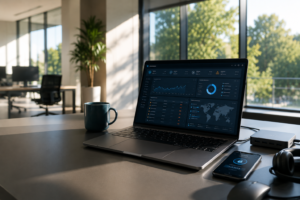 Moderne werkplek met laptop waarop een cybersecuritydashboard zichtbaar is in een rustig kantoor tijdens de zomer.