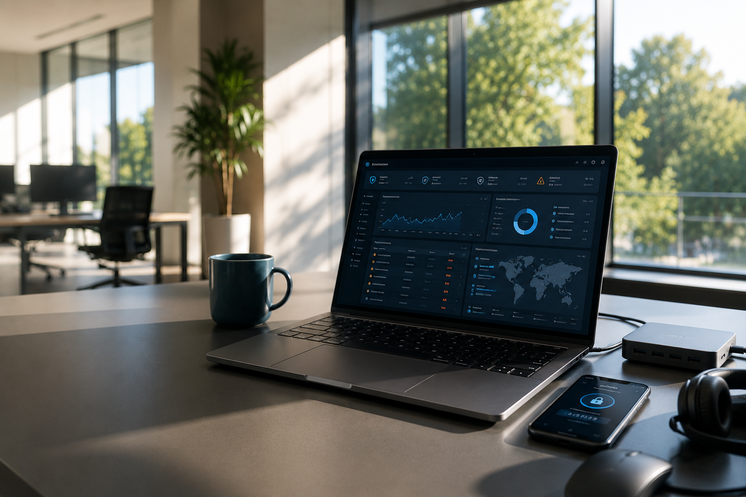 Moderne werkplek met laptop waarop een cybersecuritydashboard zichtbaar is in een rustig kantoor tijdens de zomer.